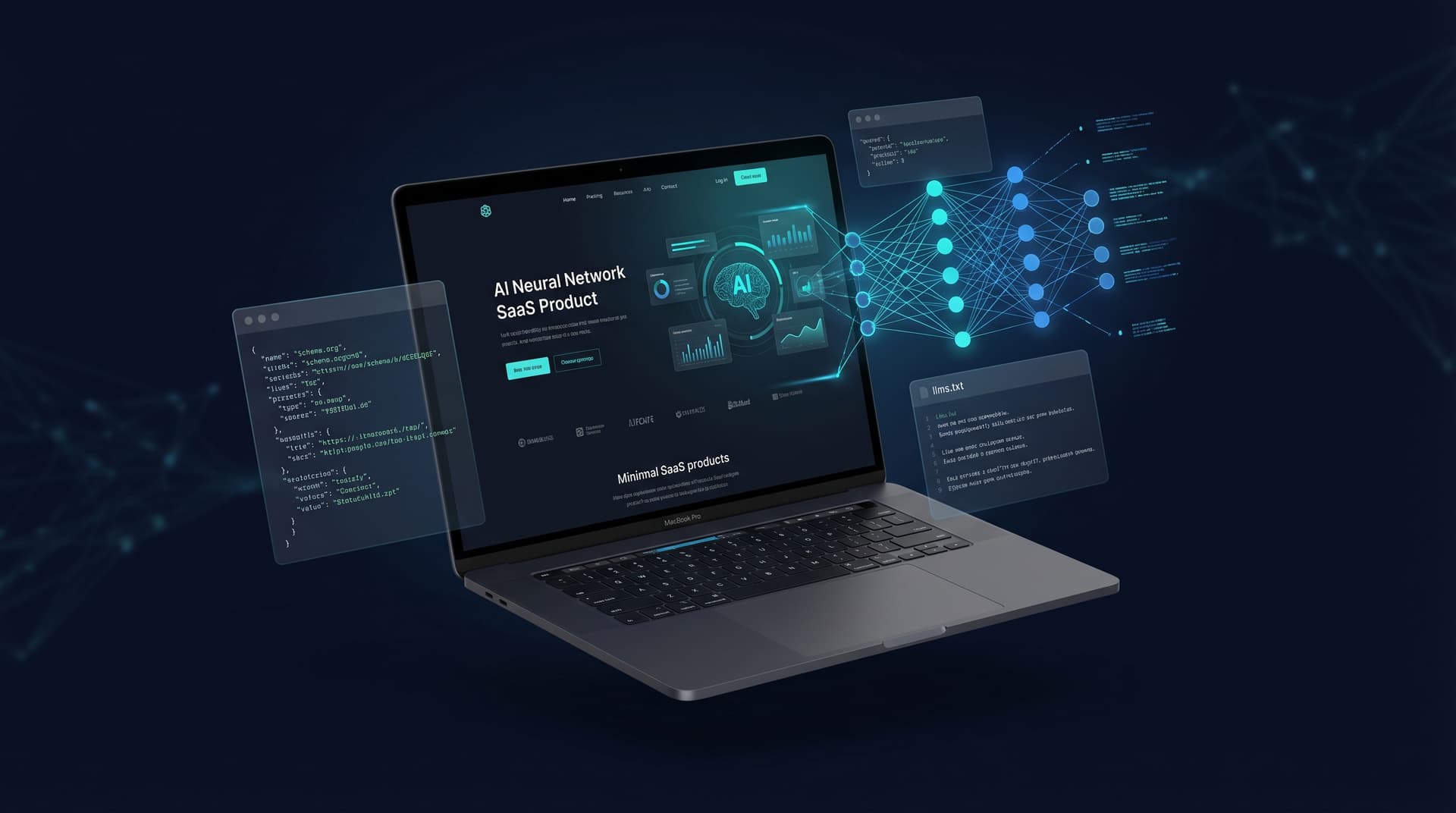 Site otimizado para IA com Schema.org e llms.txt flutuando ao redor de um laptop